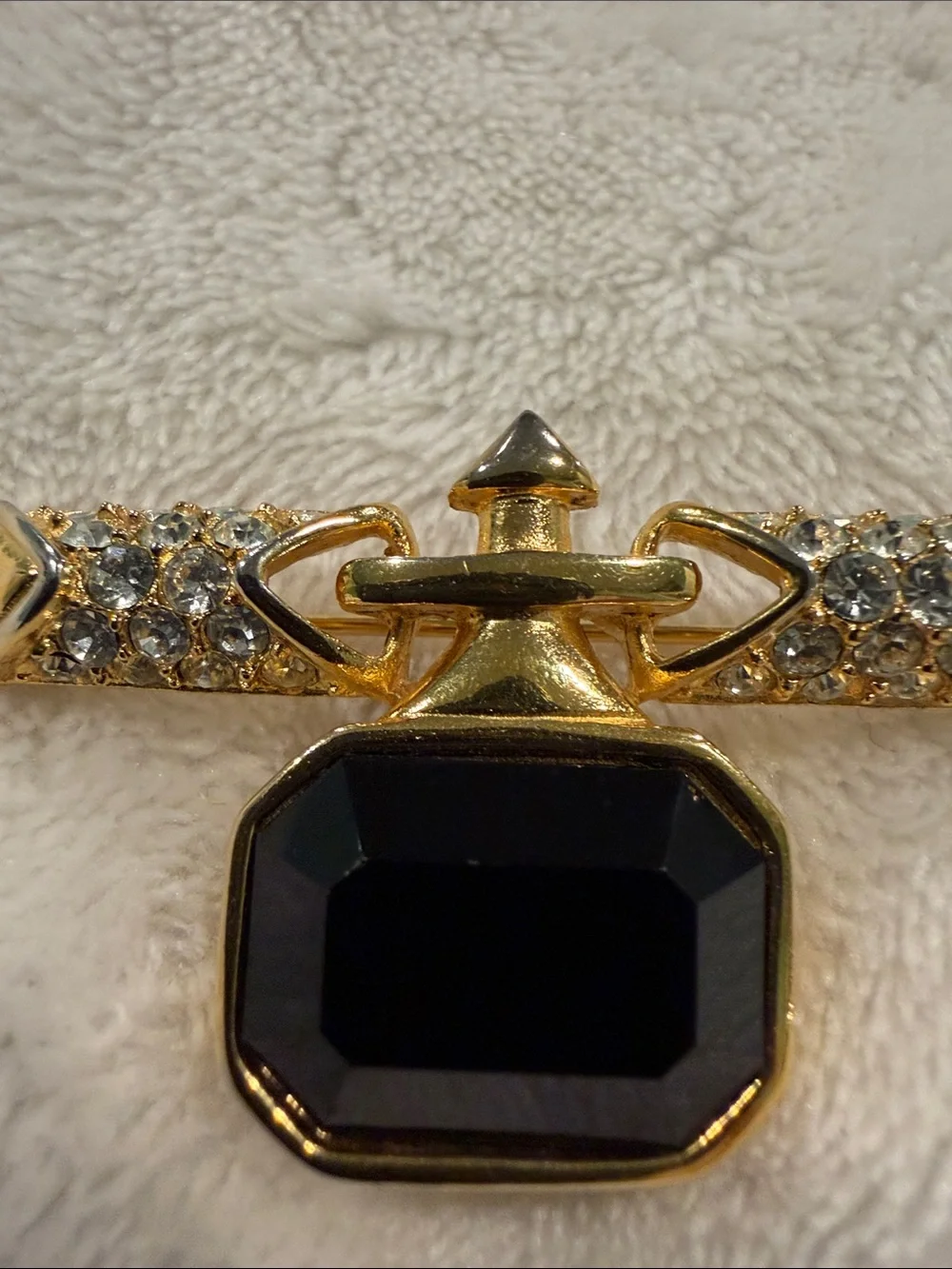 Vintage- Gold-Tone Black and Clear Crystal Bar Brooch